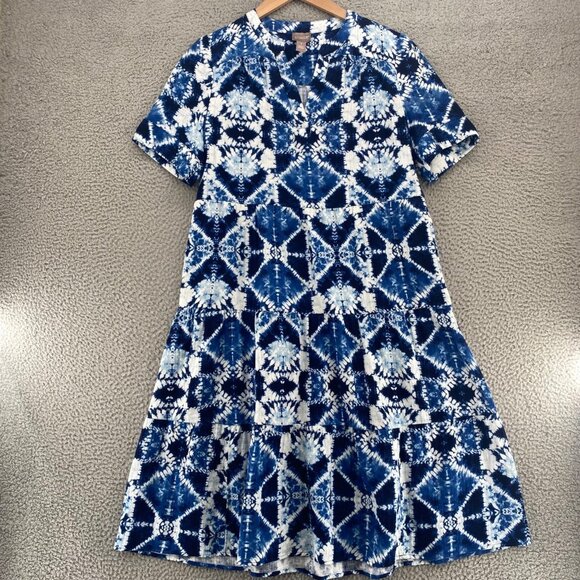 Chicos Dress Womens 1 US Medium Blue Printed Tiered Short Sleeve Notched Neck - Picture 1 of 12